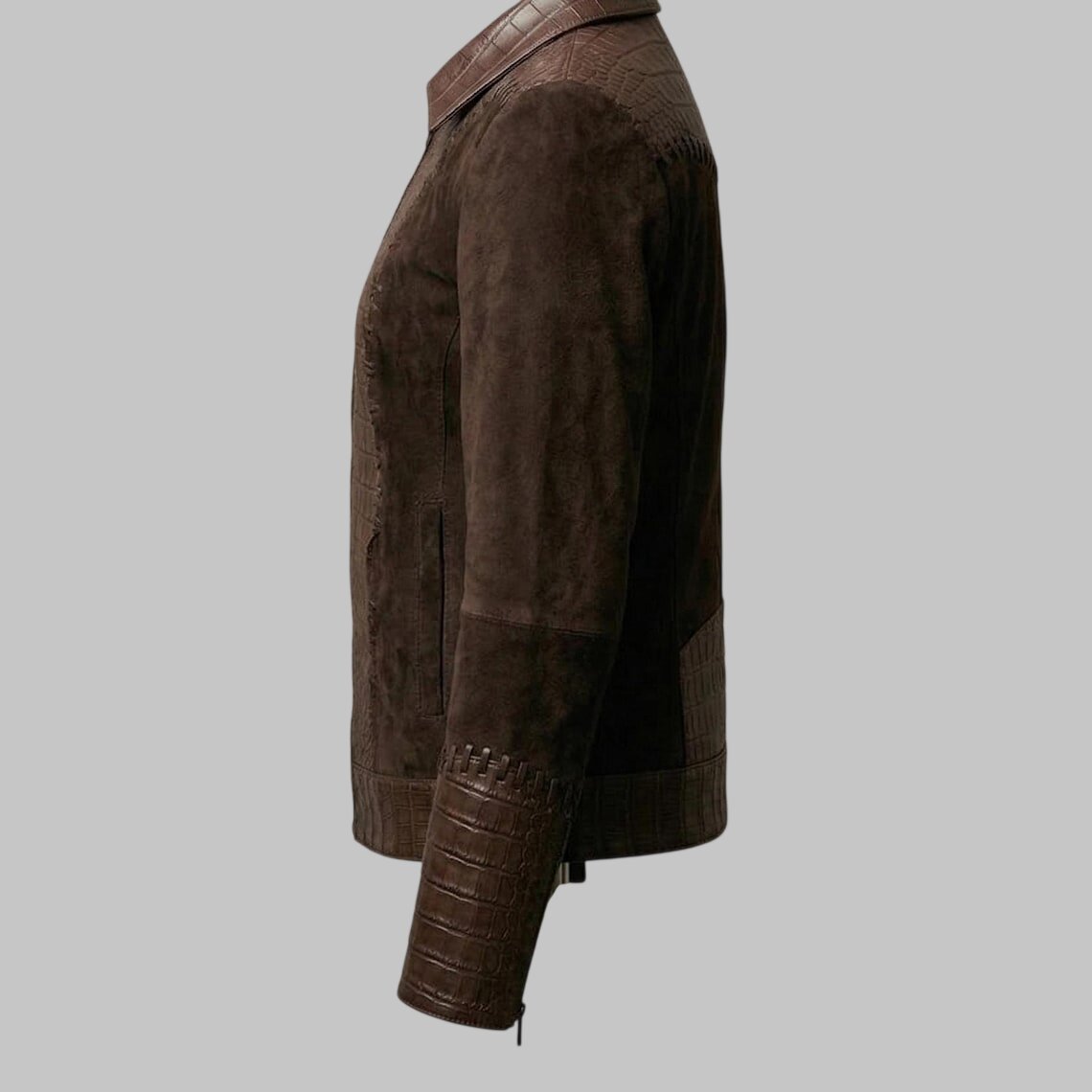 Side View of Women Brown Crocodile Embossed Leather Suede Jacket