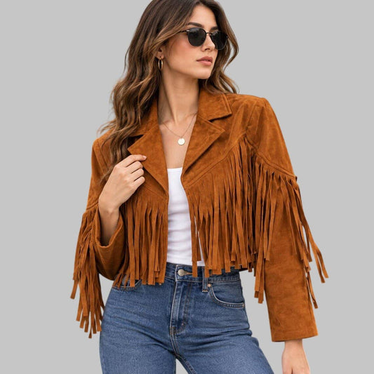 Front View of Women Brown Suede Leather Fringe Jacket