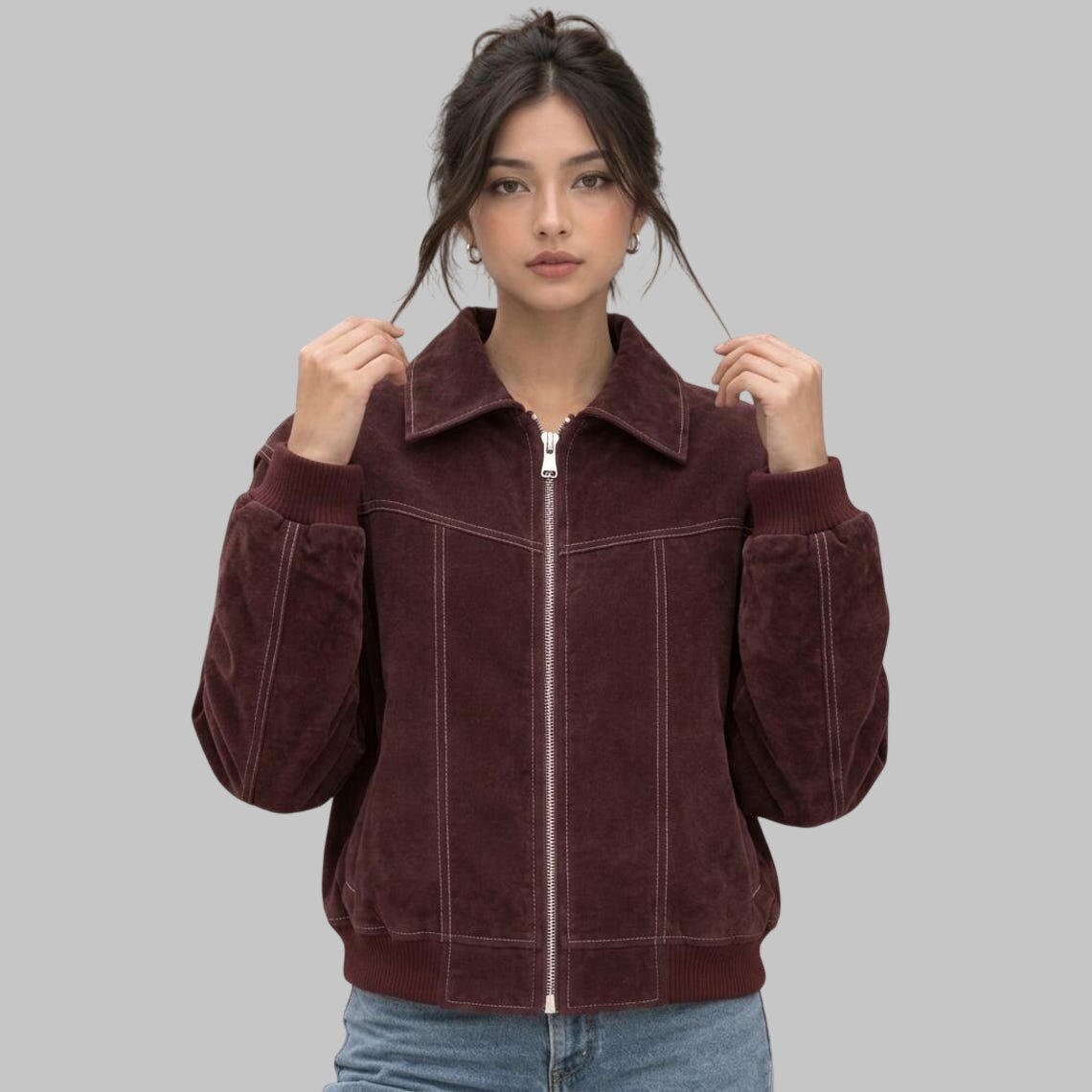 Front View of Women Burgundy Suede Leather Bomber Jacket with Contrast Stitching