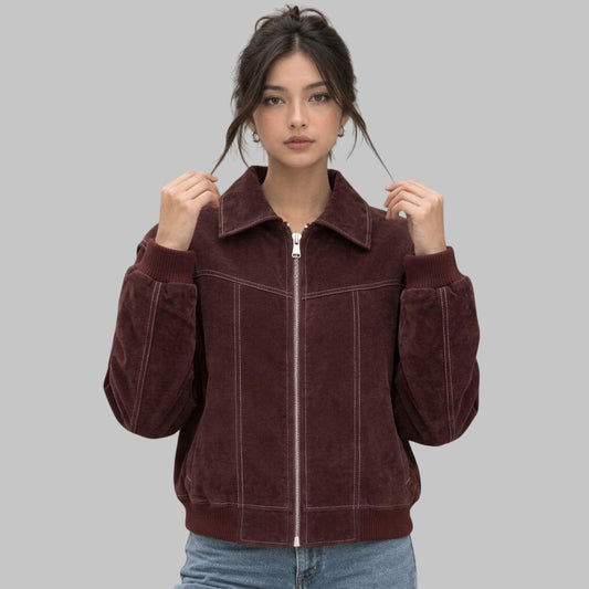Front View of Women Burgundy Suede Leather Bomber Jacket with Contrast Stitching