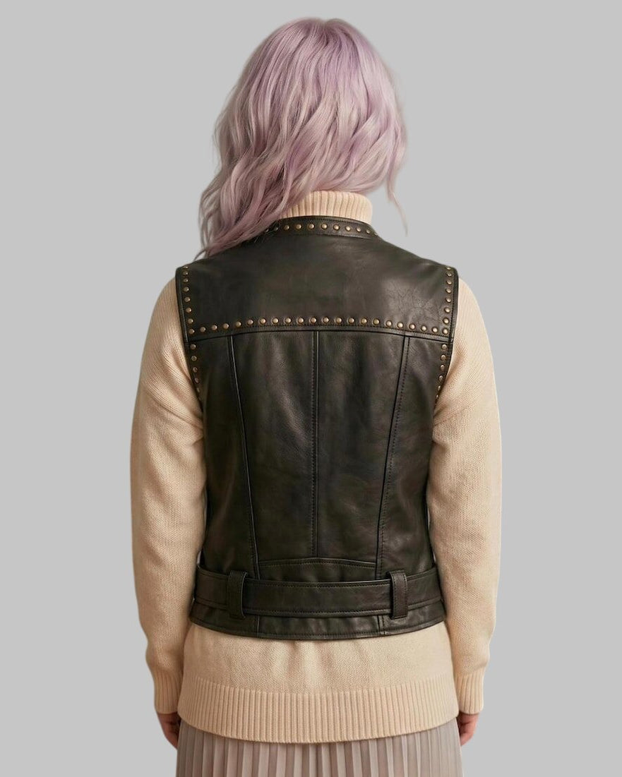 Back View of Women Classic Black Leather Studded Biker Vest