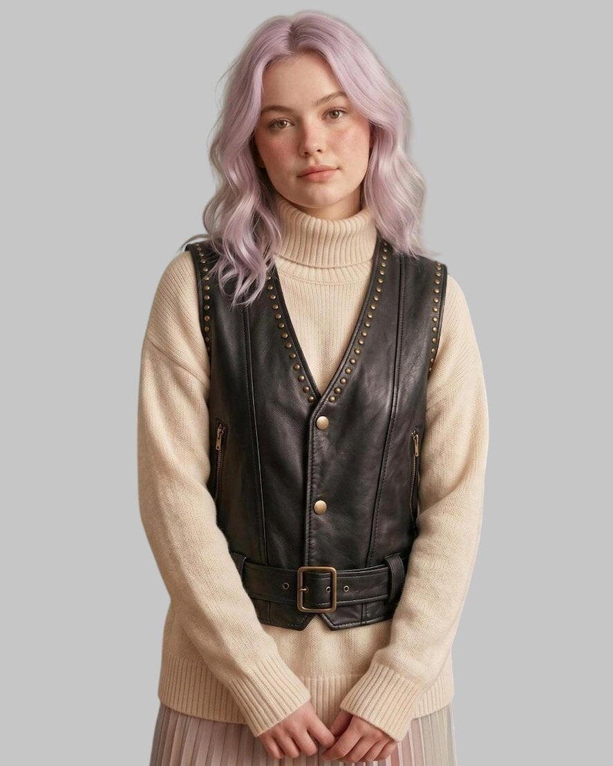 Front View of Women Classic Black Leather Studded Biker Vest