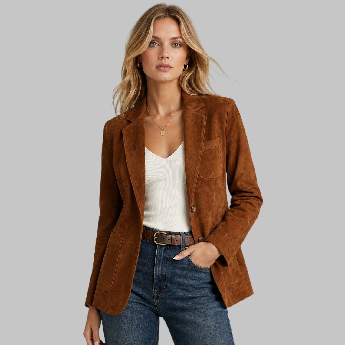 Front View of Women Classic Brown Suede Leather Blazer