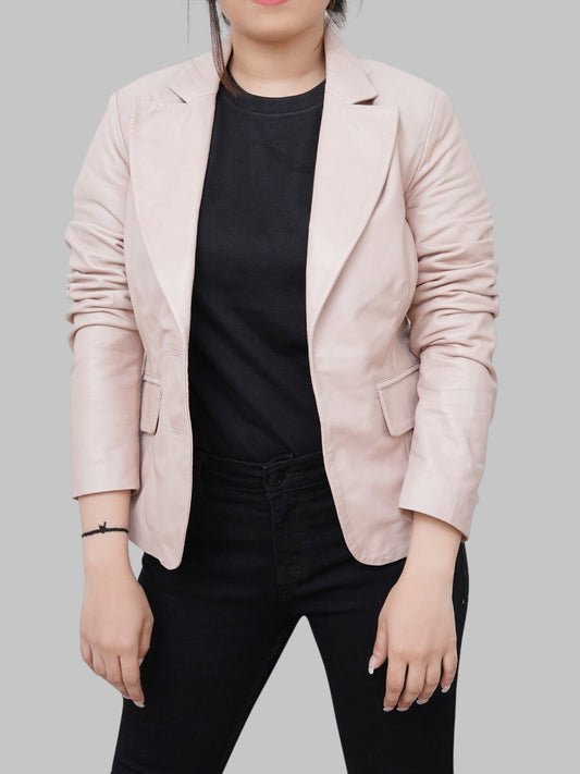 Women Classic Light Pink Leather Blazer