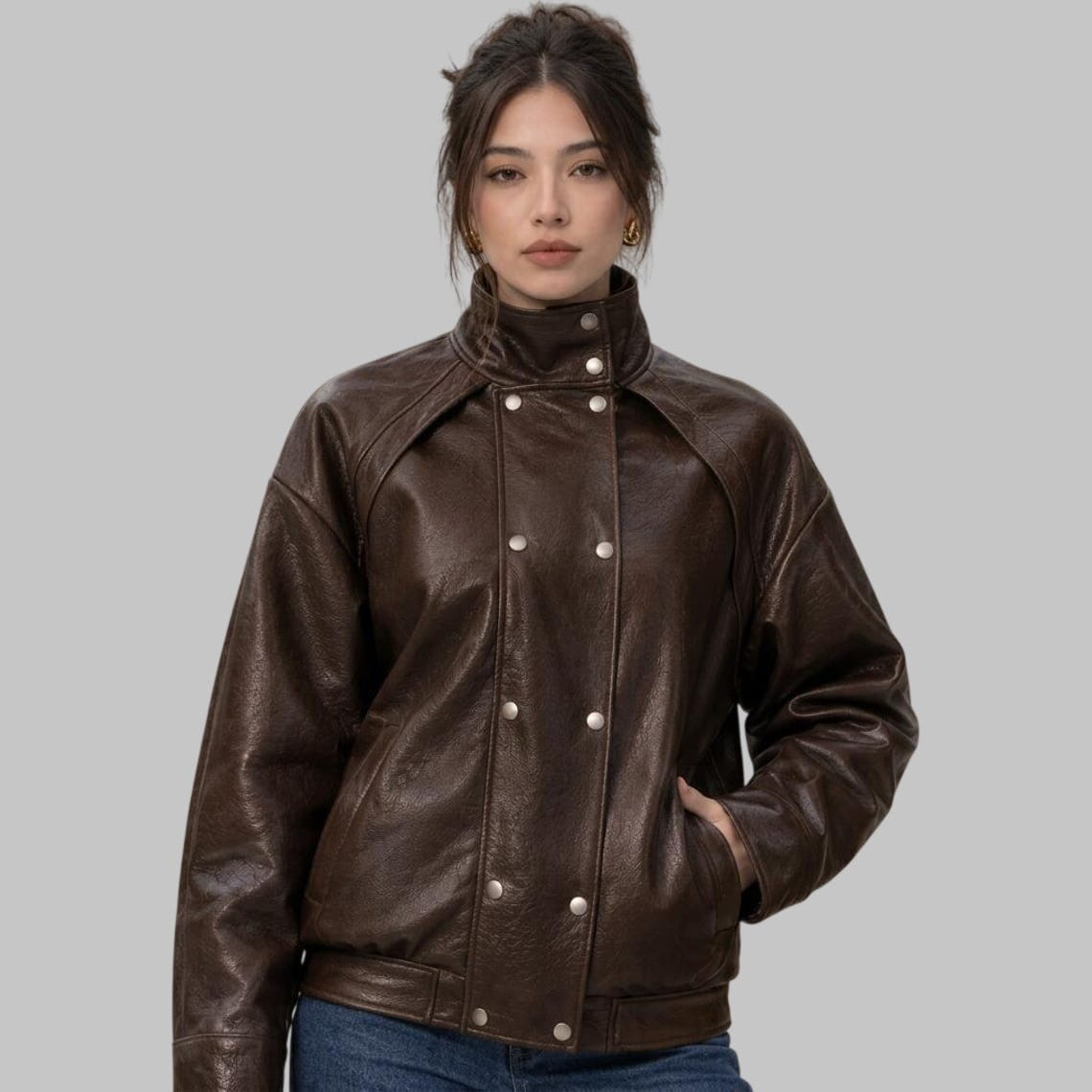 Model wearing a Women Dark Brown Leather Double Breasted Bomber Jacket
