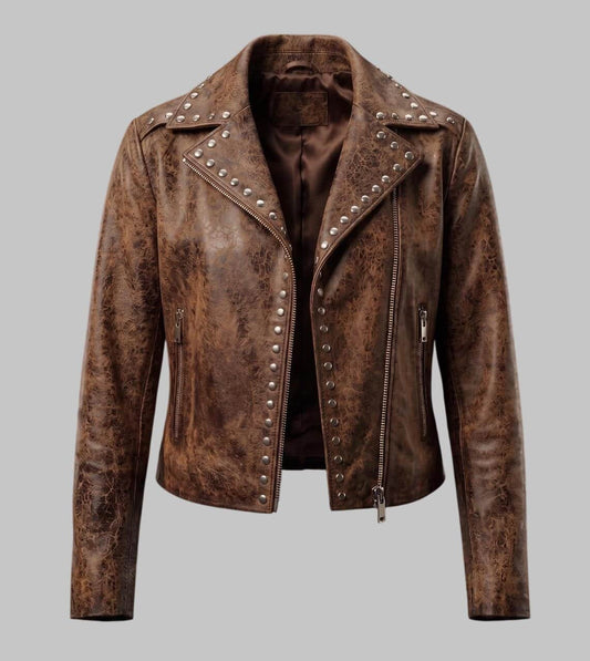 Front View of Women Distressed Brown Studded Leather Biker Jacket