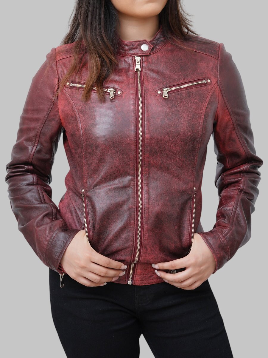 Women Distressed Maroon Leather Biker Jacket