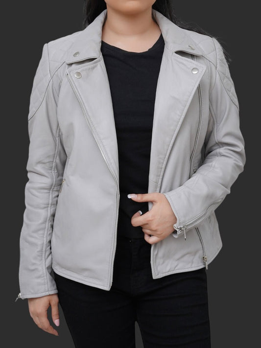 Women Quilted Grey Leather Biker Jacket