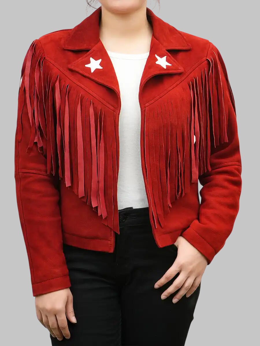 Women Red Suede Leather Fringed Jacket