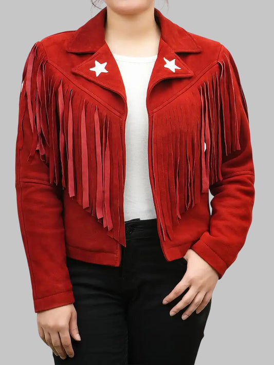 Women Red Suede Leather Fringed Jacket