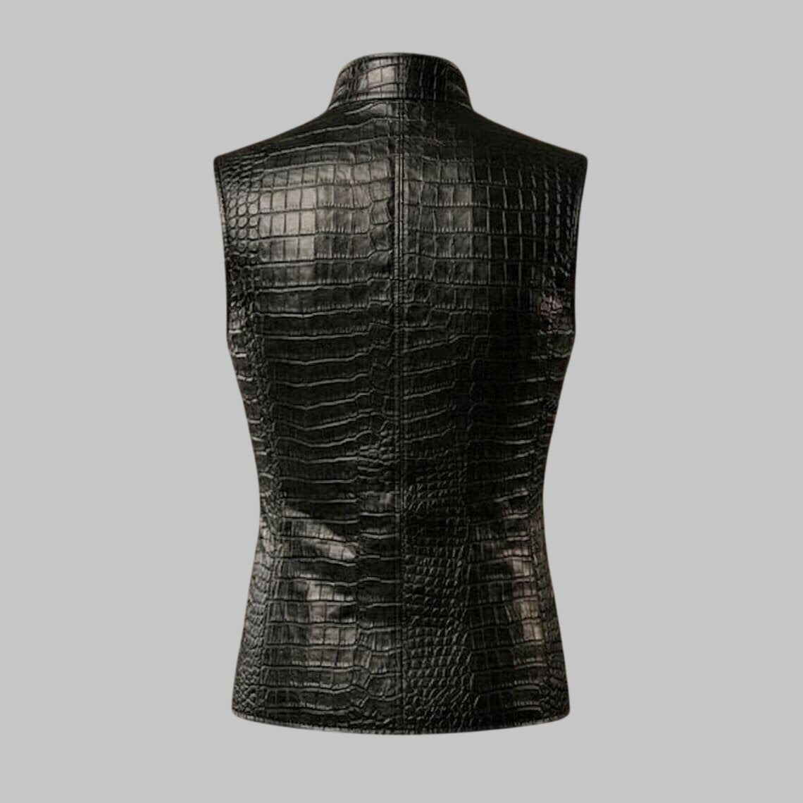 Back View of Women Slim Fit Crocodile Embossed Leather Military Vest