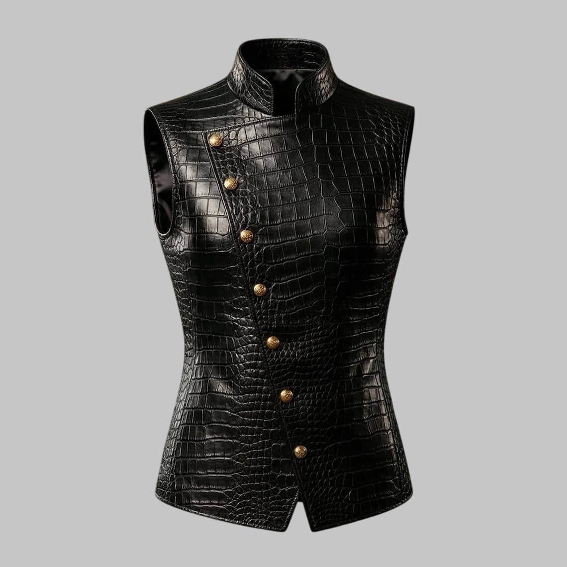 Front View of Women Slim Fit Crocodile Embossed Leather Military Vest