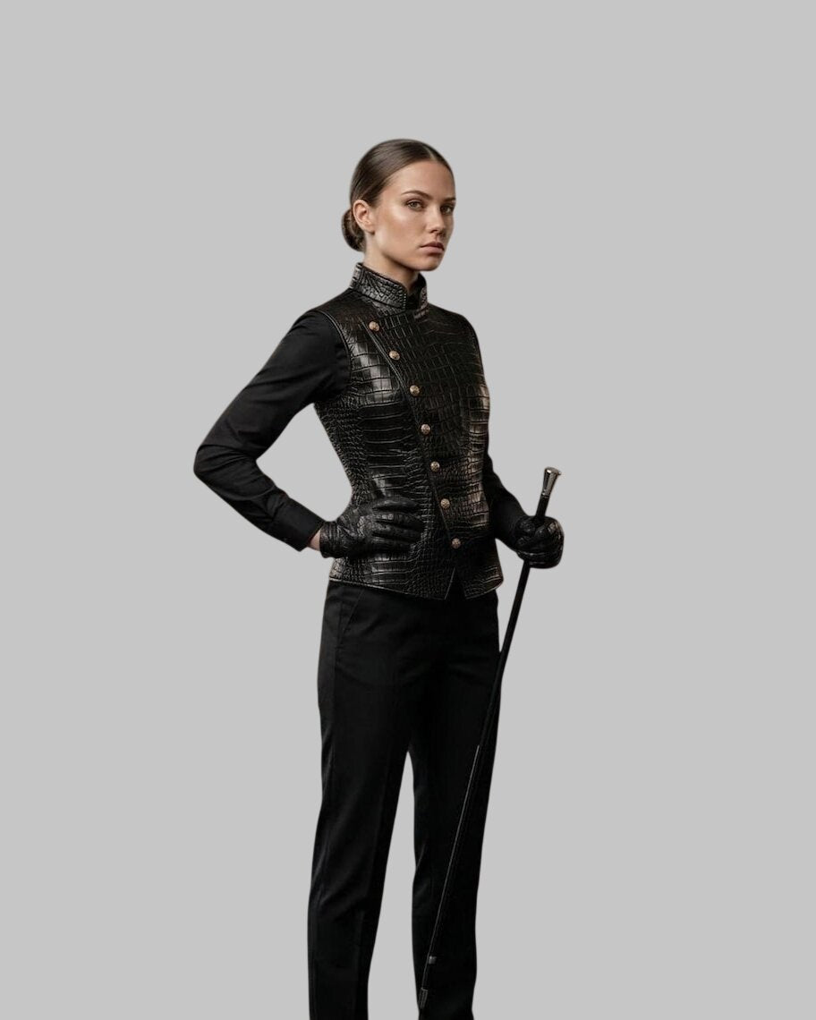 Life Style image of Women Slim Fit Crocodile Embossed Leather Military Vest