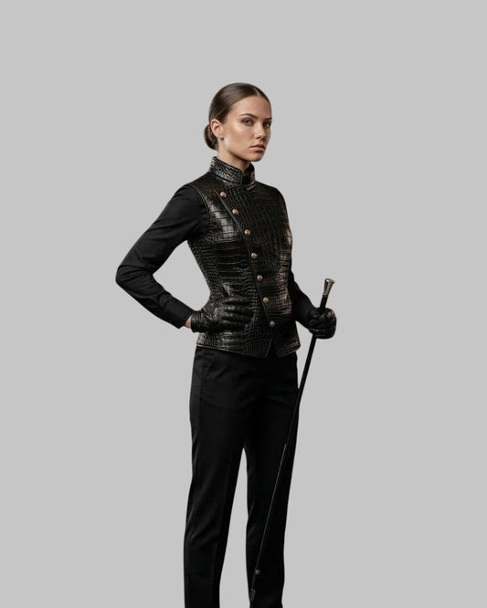 Life Style image of Women Slim Fit Crocodile Embossed Leather Military Vest