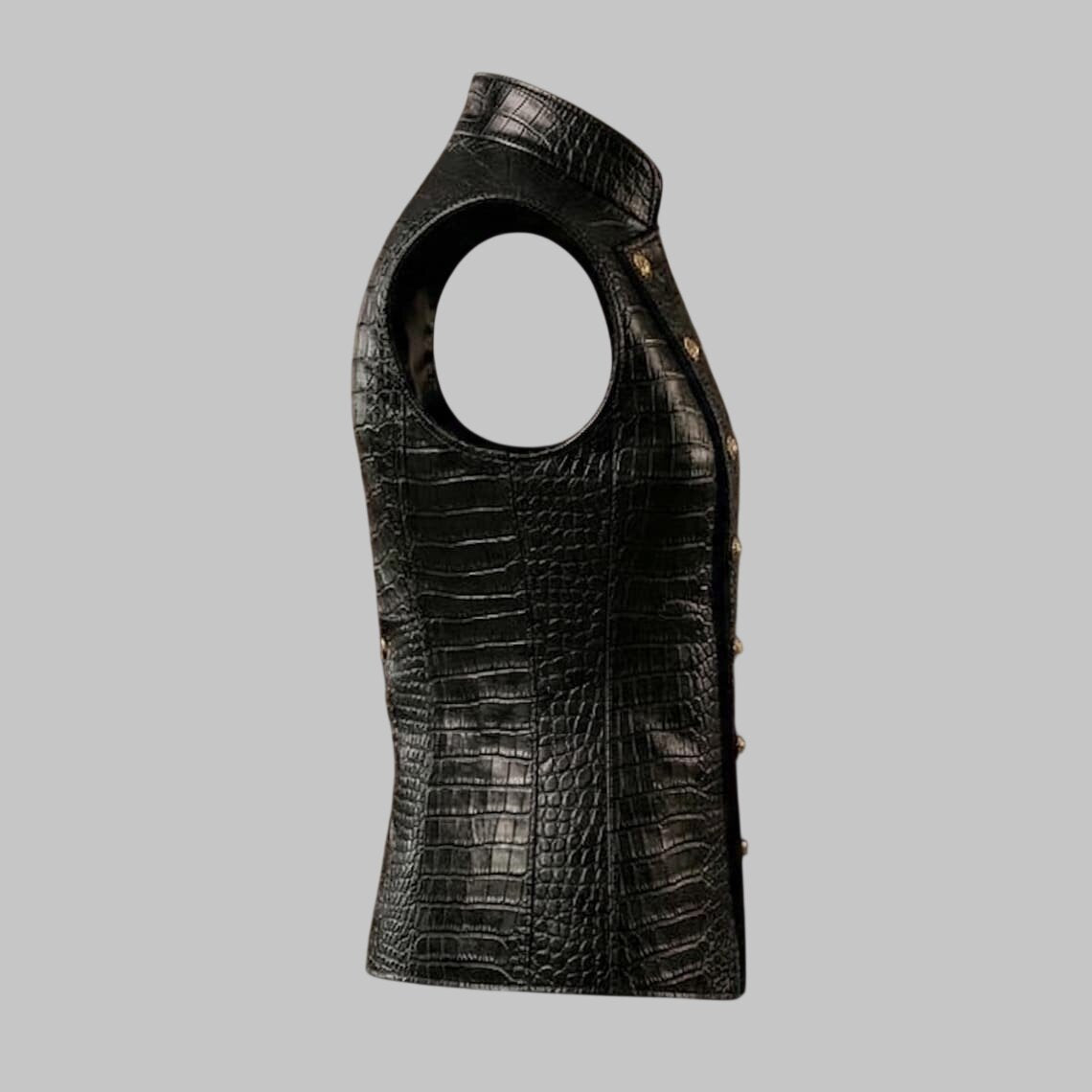 Side View of Women Slim Fit Crocodile Embossed Leather Military Vest