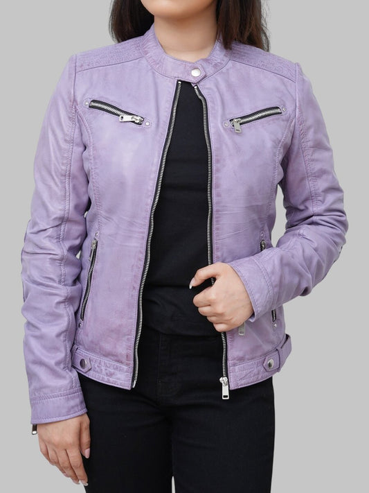 Women Slim Fit Purple Leather Jacket