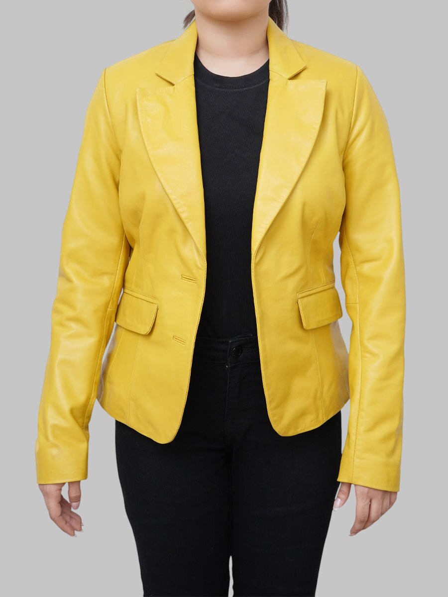 Women Trendy Yellow Leather Blazer