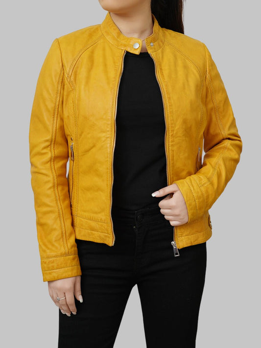 Women Trendy Yellow Leather Motorcycle Jacket