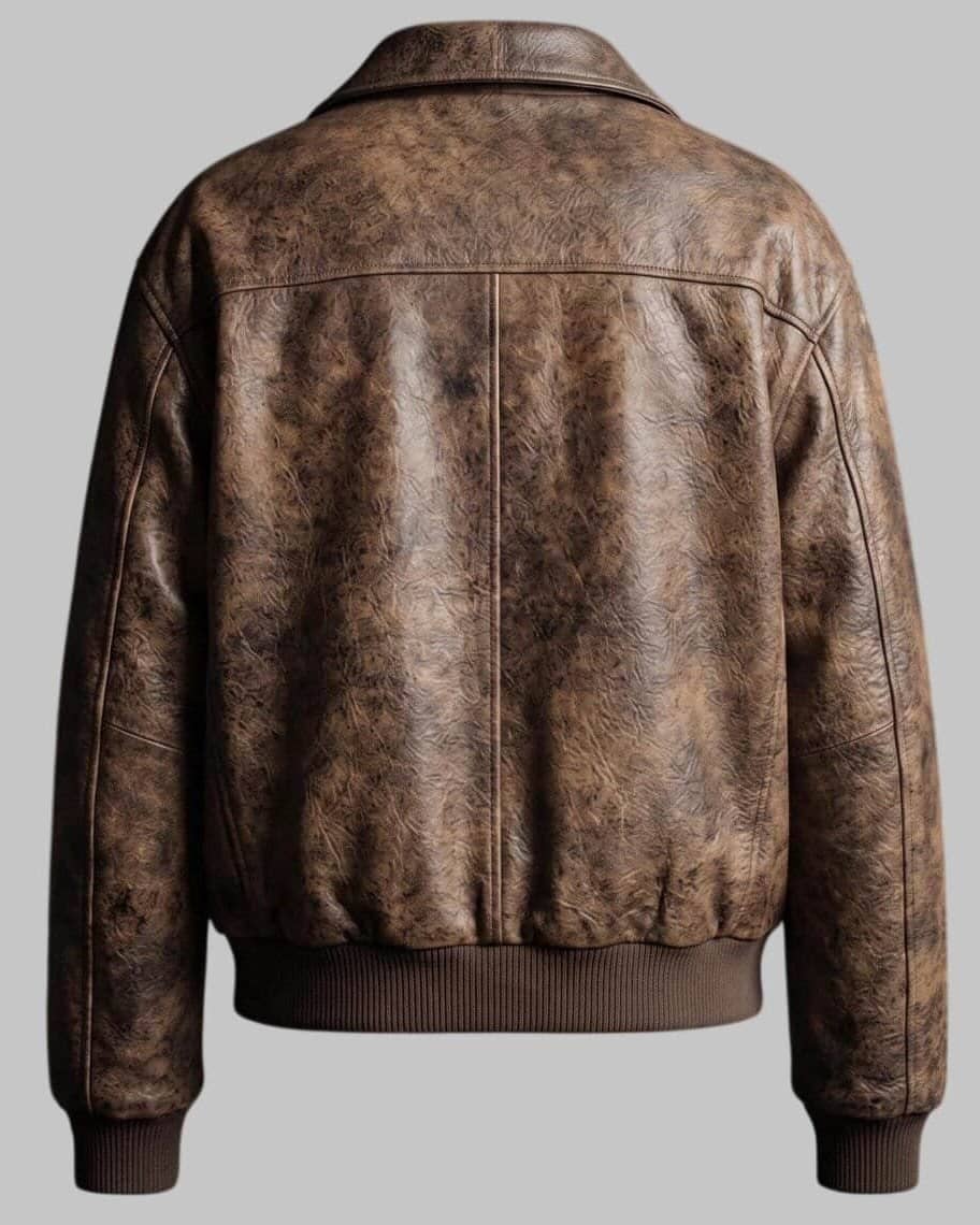 Back View of Women Vintage Brown Distressed Leather Bomber Jacket
