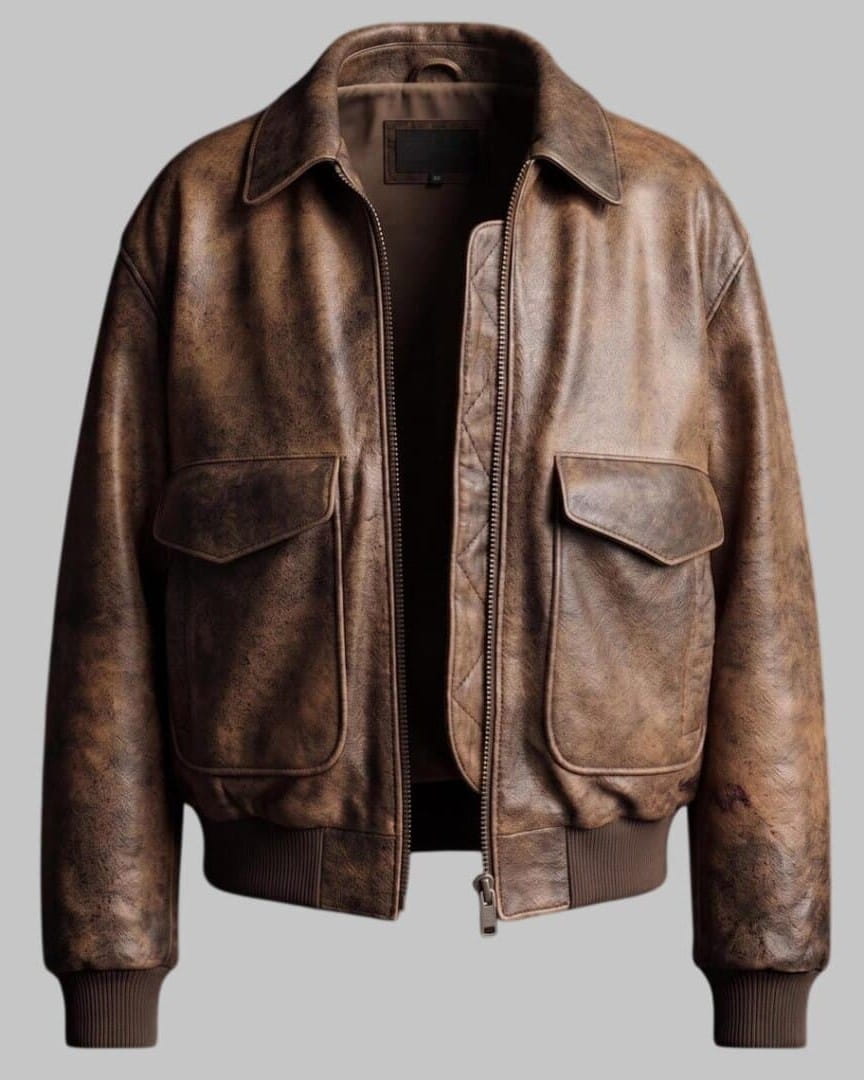 Front View of Women Vintage Brown Distressed Leather Bomber Jacket