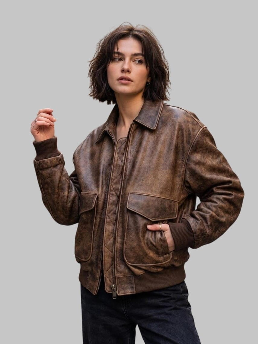 Life Style Image of a Women wearing a Vintage Brown Distressed Leather Bomber Jacket