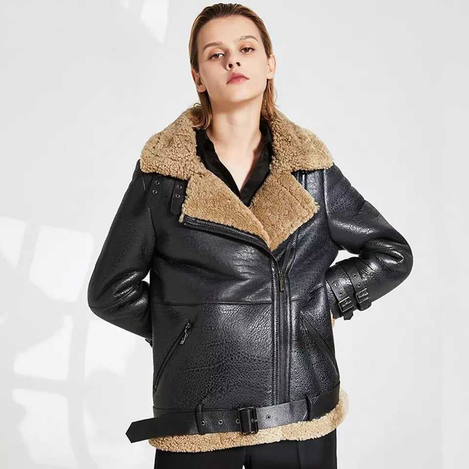 Women’s Black Leather Brown Shearling Big Fur Collar Coat