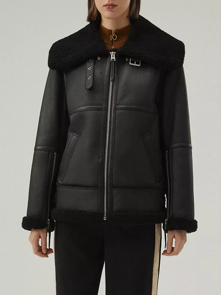 Women’s Matte Black Leather White Shearling Coat Jacket