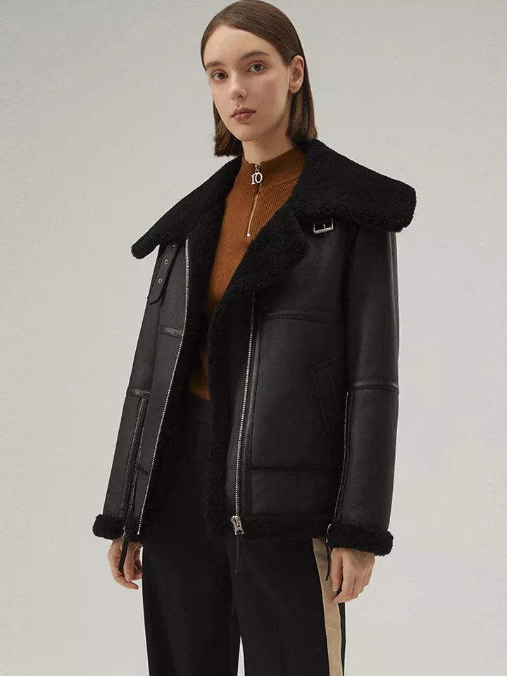 Women’s Matte Black Leather White Shearling Coat Jacket