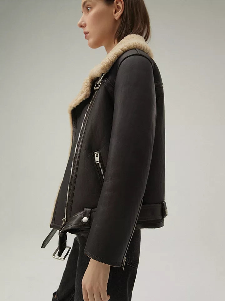 Women’s Matte Black Leather Brown Shearling Coat Aviator Jacket