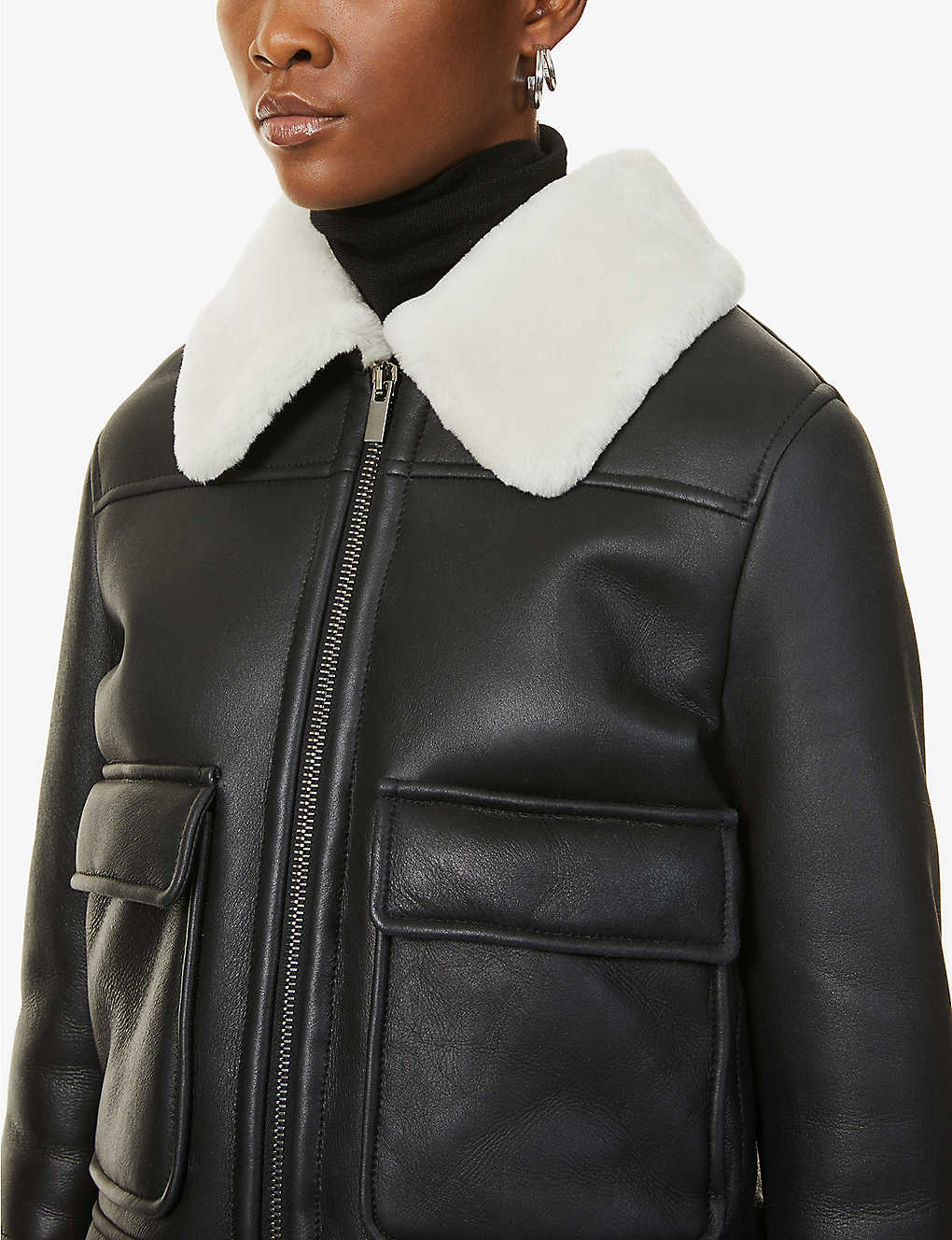 Women’s Black Leather White Shearling Big Collared Jacket