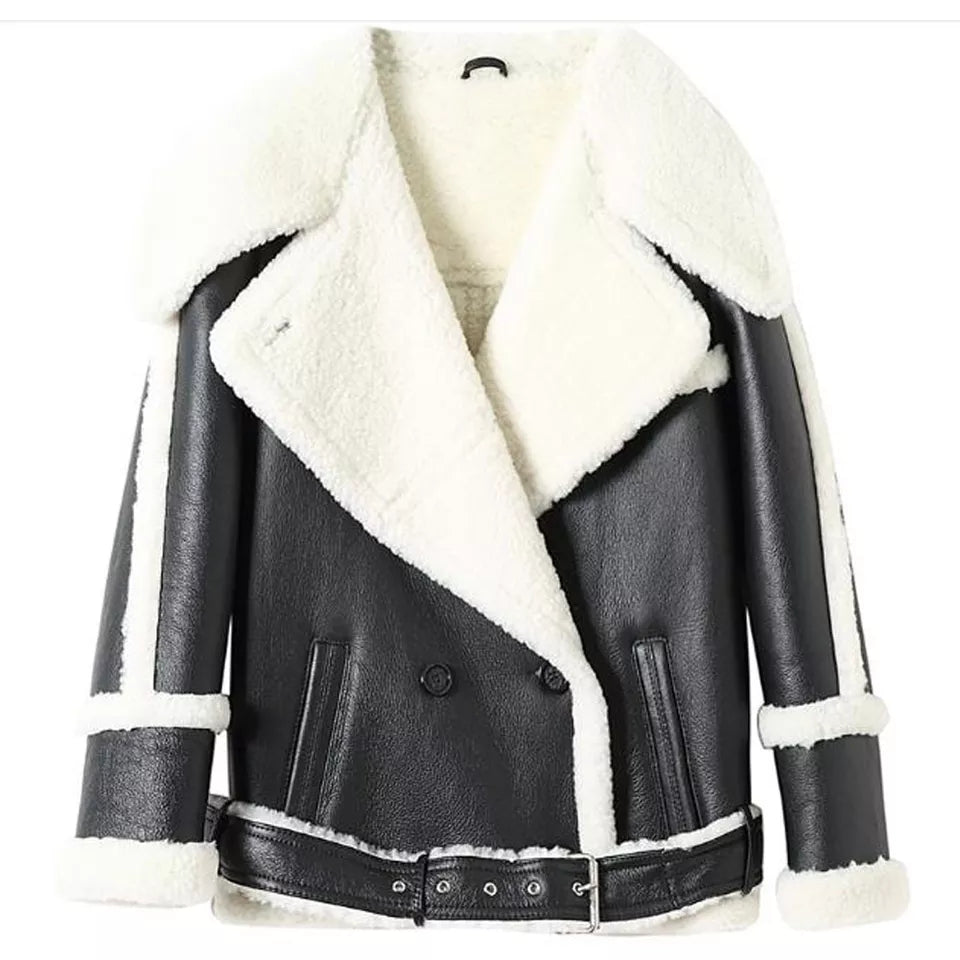 Women’s Black Leather White Shearling Big Collar Coat
