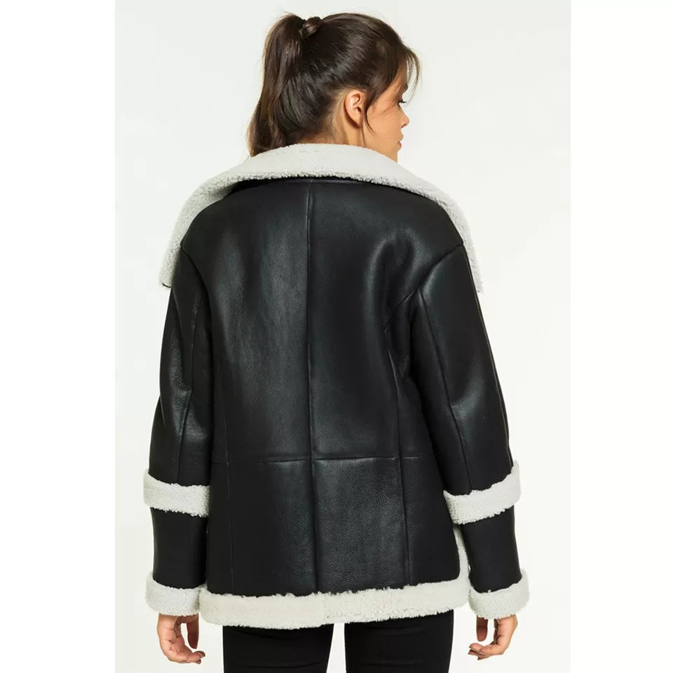 Women’s Black Leather White Shearling Big Fur Collar Coat