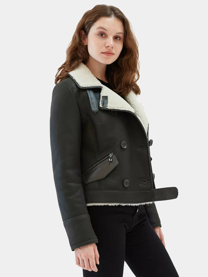 Women’s Matte Black Leather Shearling Coat Aviator Jacket