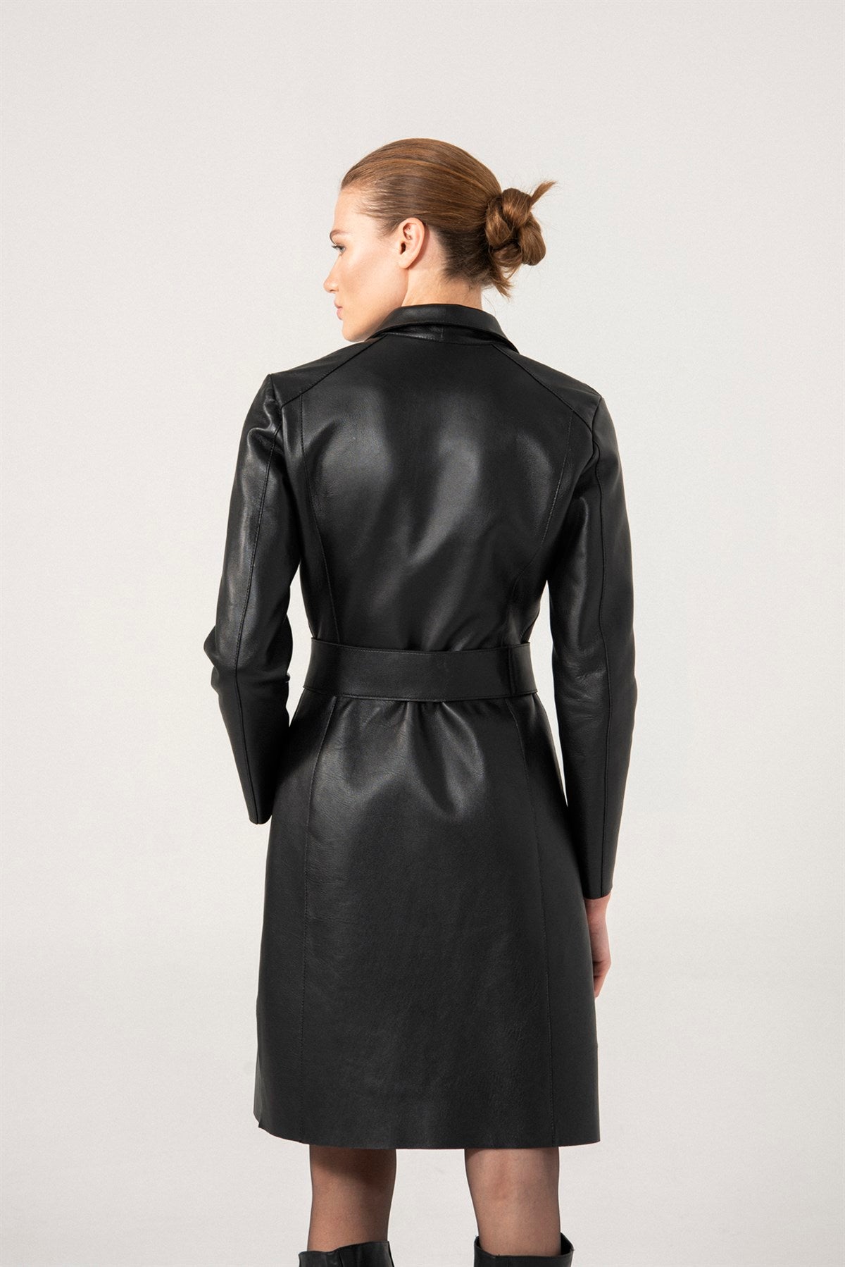 Women’s Black Sheepskin Leather Trench Coat Button Downed