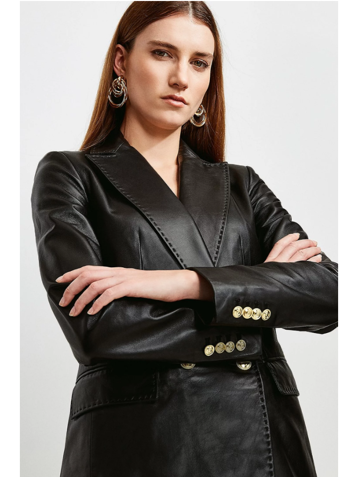 Women’s Black Sheepskin Leather Blazer With Golden Buttons