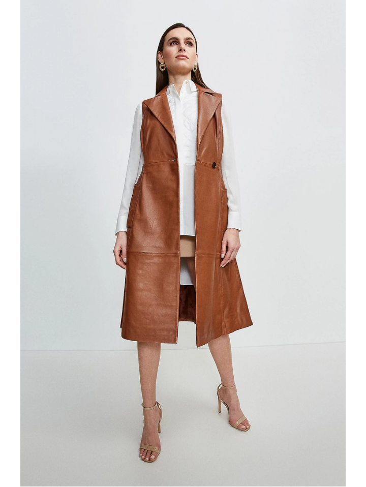 Women’s Sleeveless Tan Brown Sheepskin Leather Trench Coat