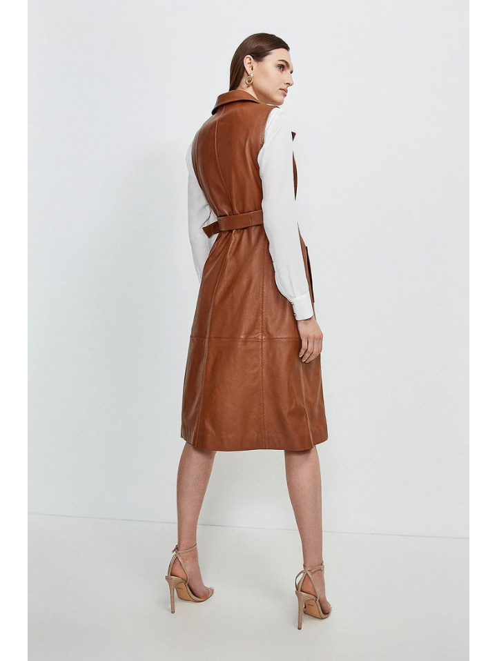 Women’s Sleeveless Tan Brown Sheepskin Leather Trench Coat