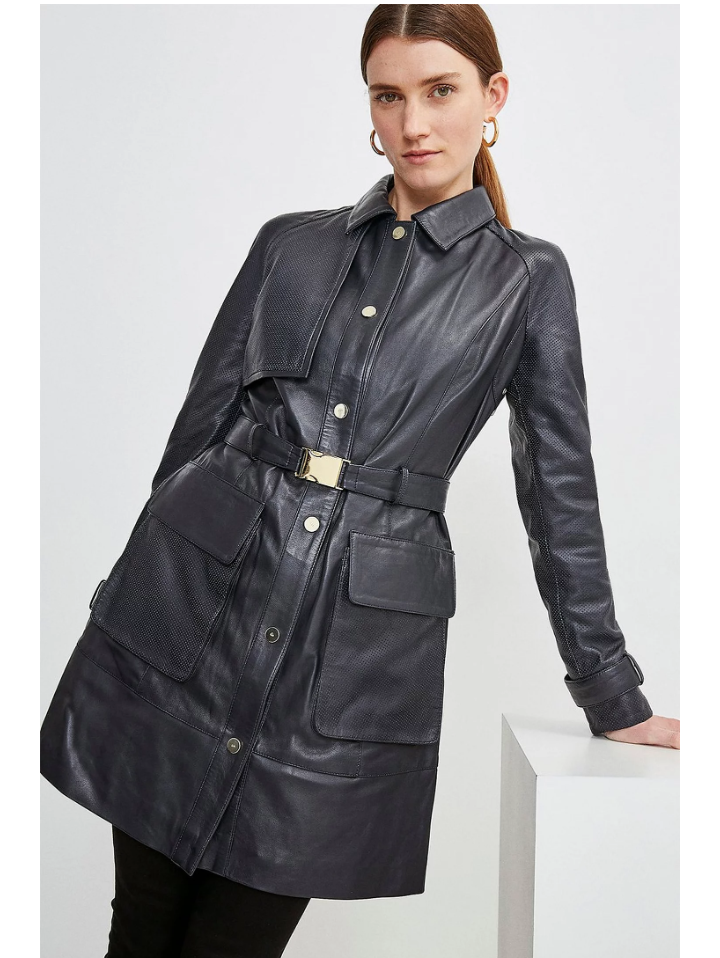 Women’s Black Sheepskin Leather Perforated Trucker Coat