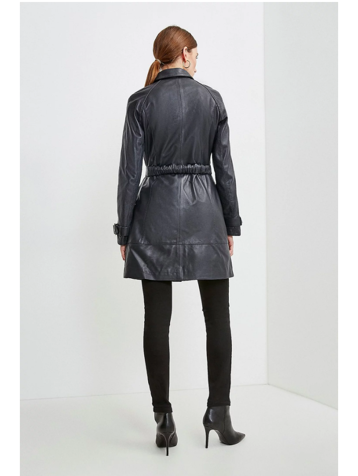 Women’s Black Sheepskin Leather Perforated Trucker Coat