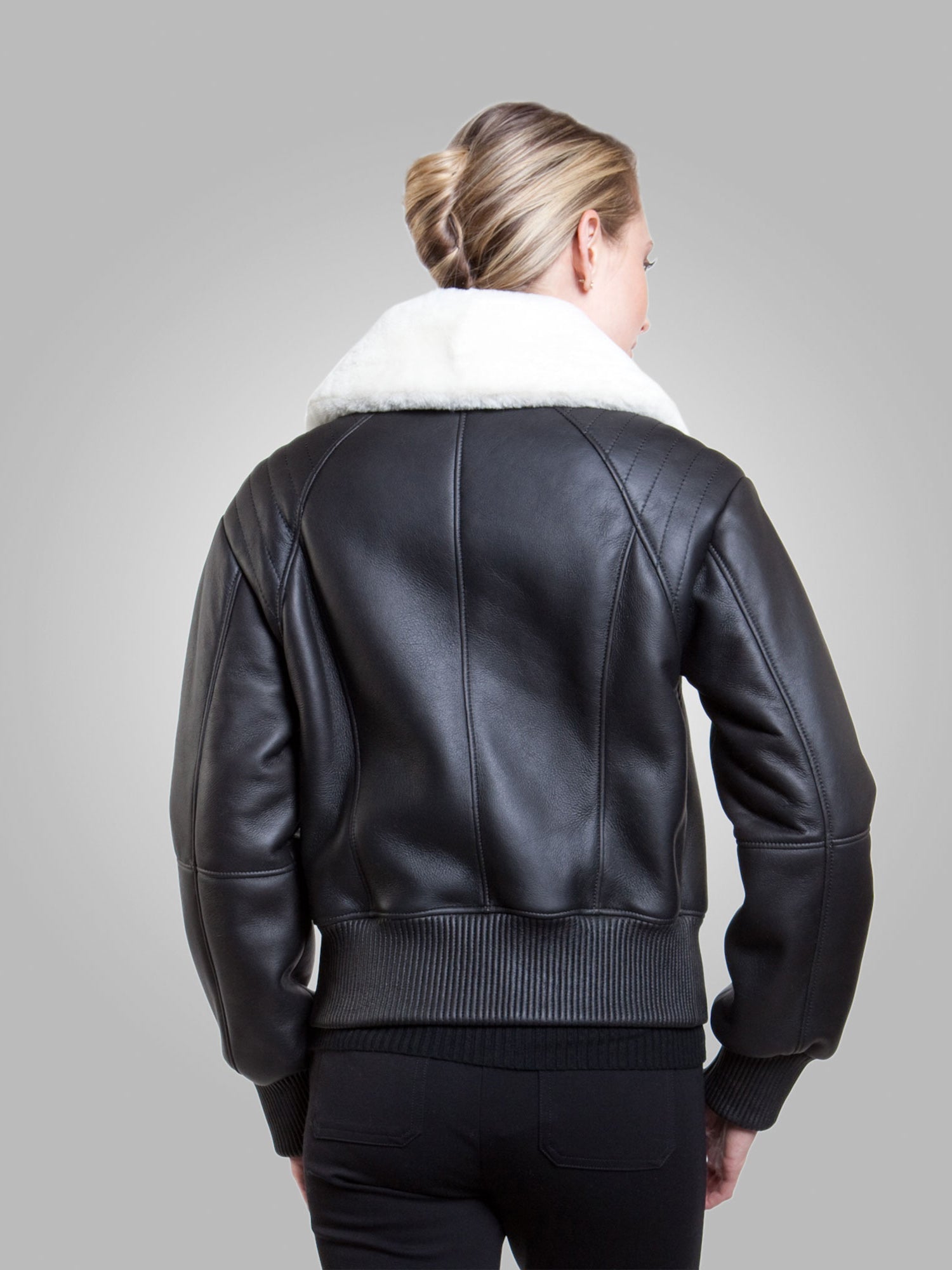 Women’s Black Leather White Shearling Bomber Jacket