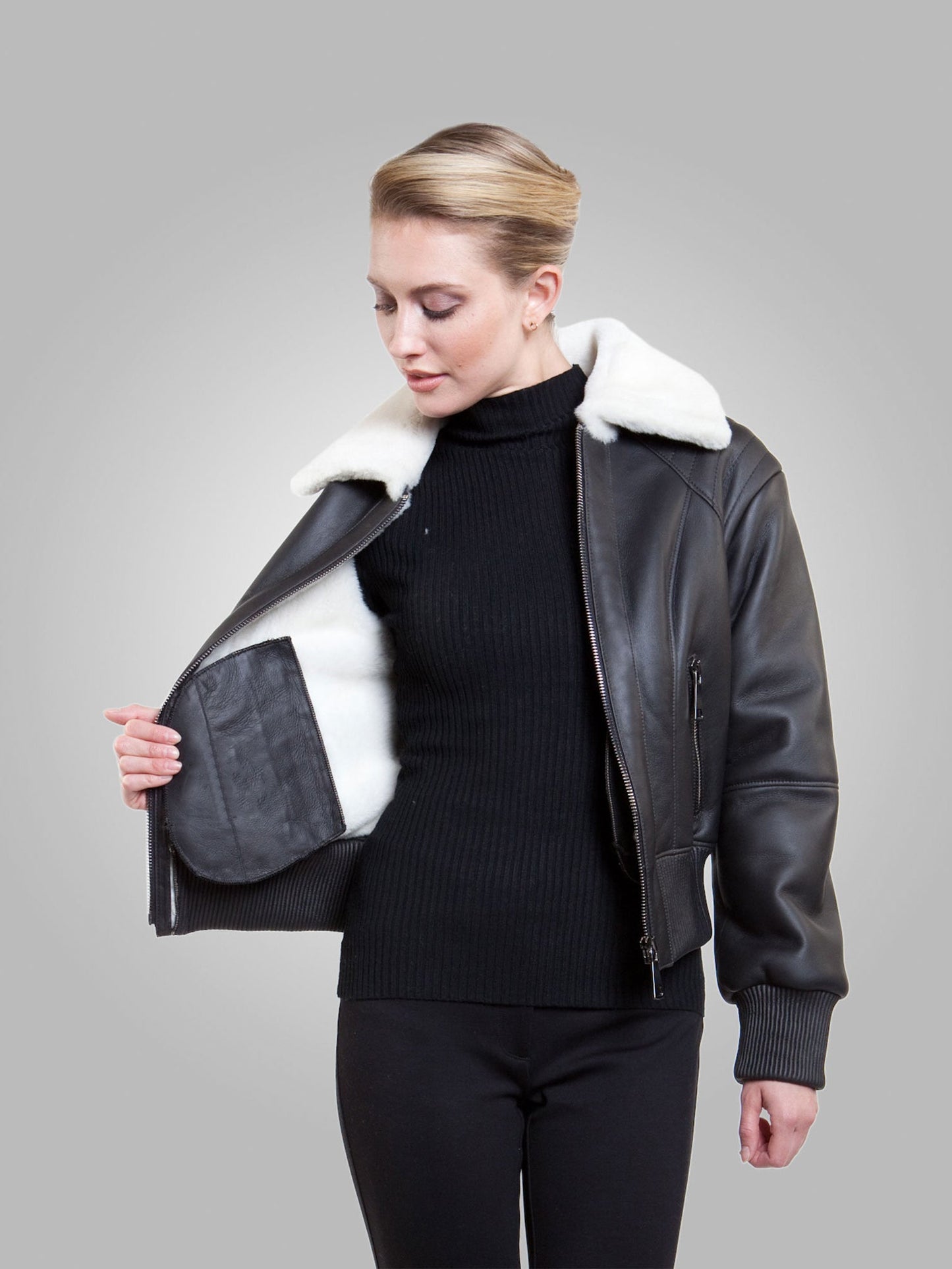 Women’s Black Leather White Shearling Bomber Jacket
