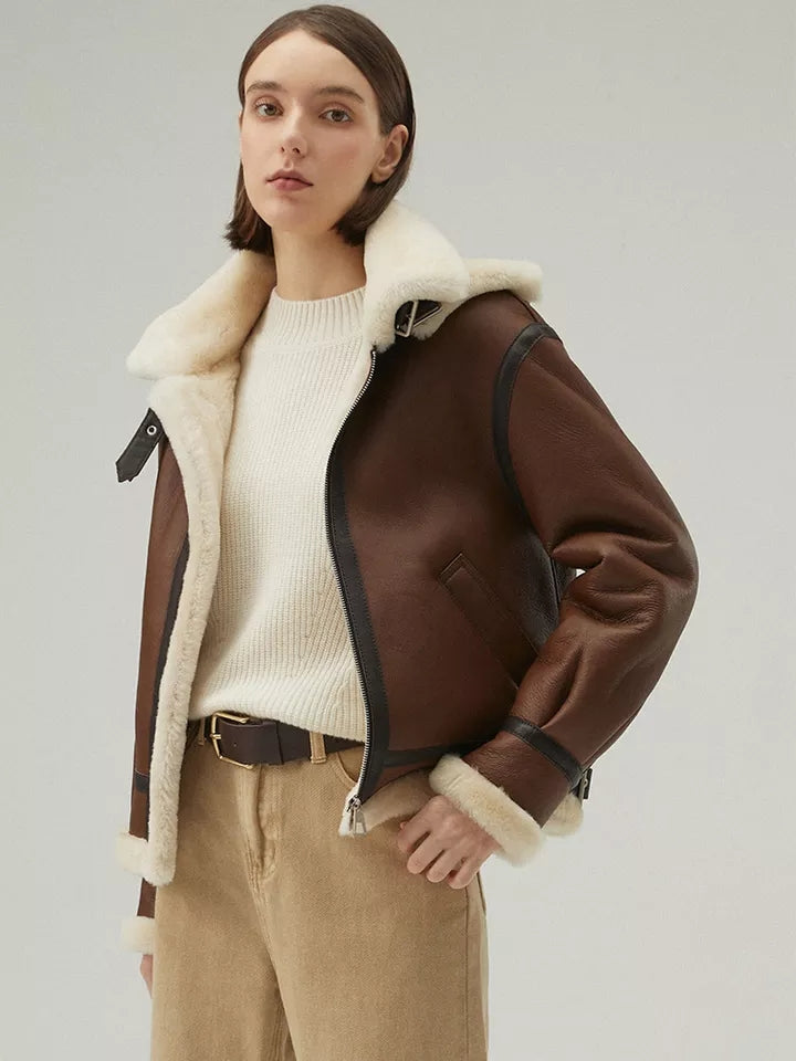 Women’s Chocolate Brown Leather Shearling Jacket With Removable Hood