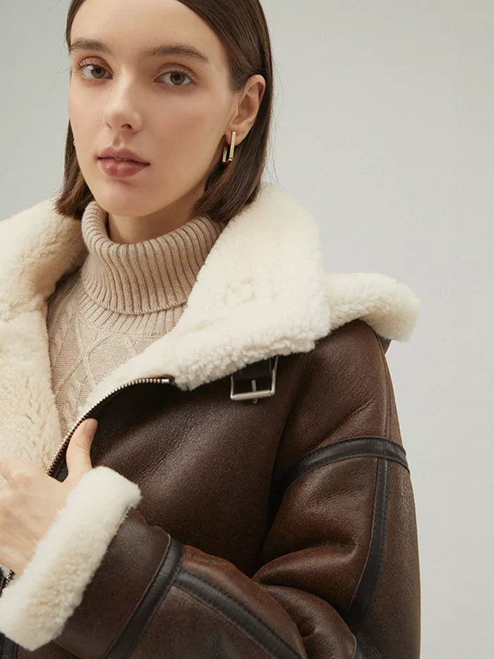 Women’s Chocolate Brown Leather Shearling Removable Hood Coat