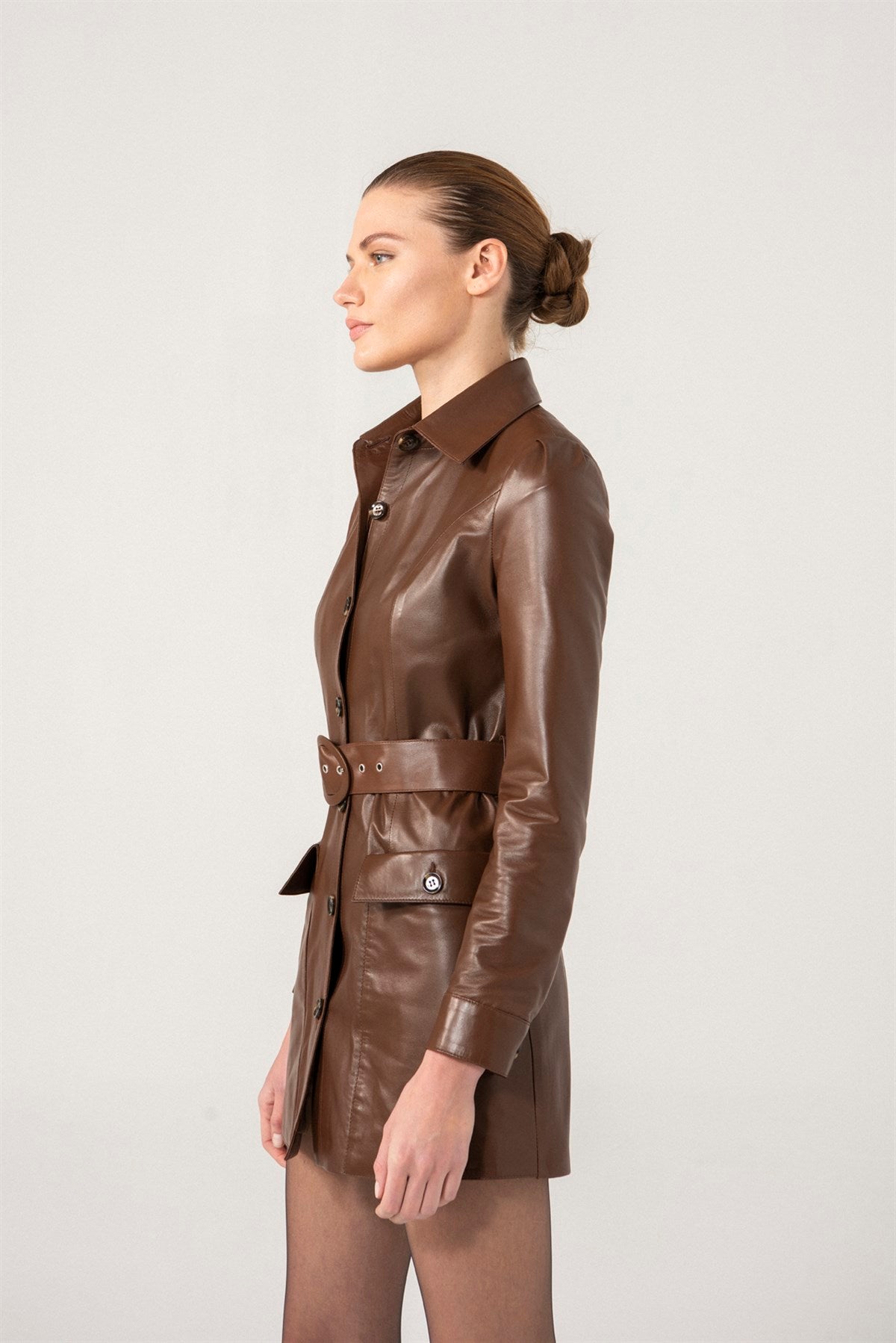 Women’s Chocolate Brown Sheepskin Leather Trucker Trench Coat