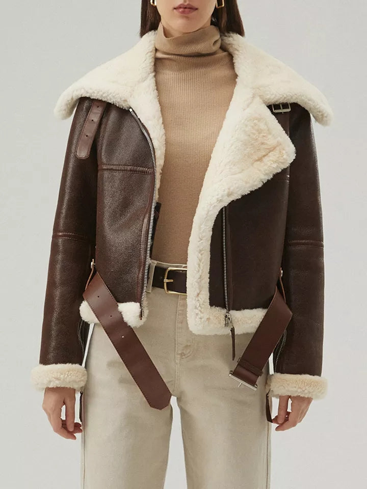 Women’s Dark Brown Leather Shearling Coat Aviator Jacket