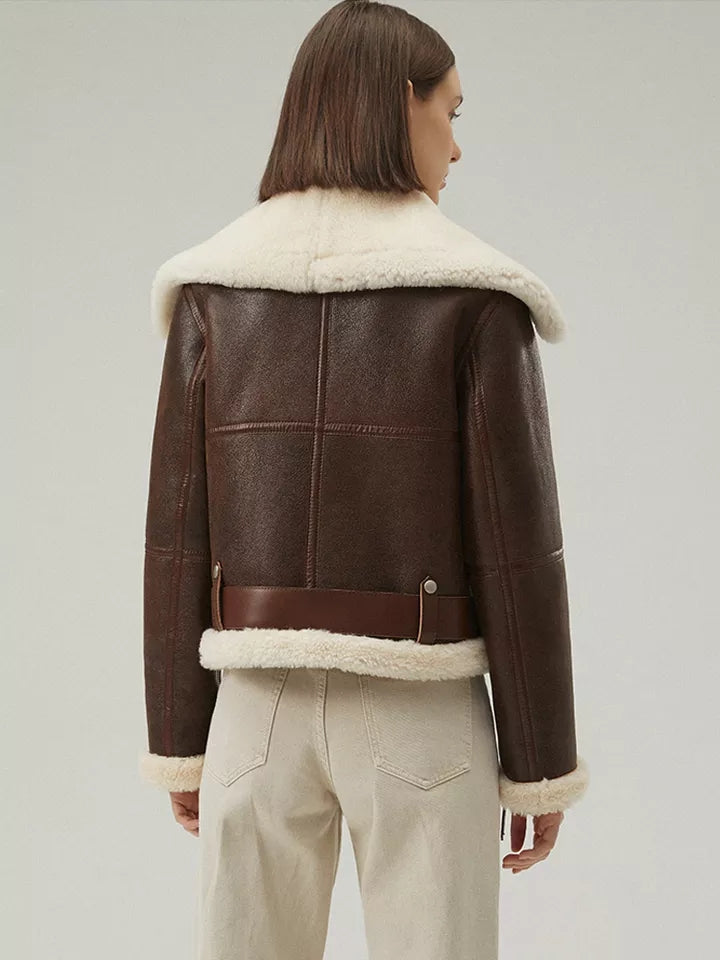 Women’s Dark Brown Leather Shearling Coat Aviator Jacket