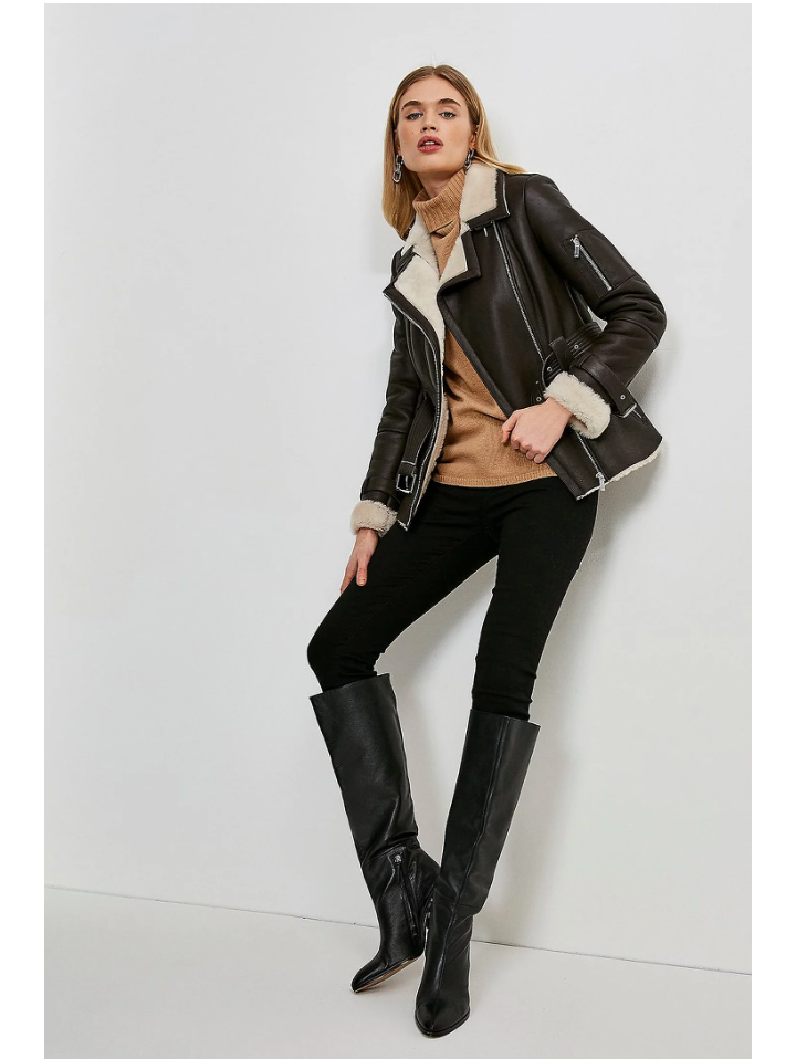 Women’s Dark Brown Leather White Shearling Coat Jacket