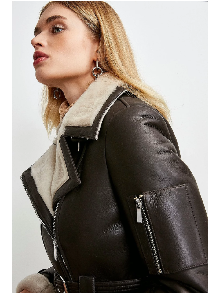 Women’s Dark Brown Leather White Shearling Coat Jacket