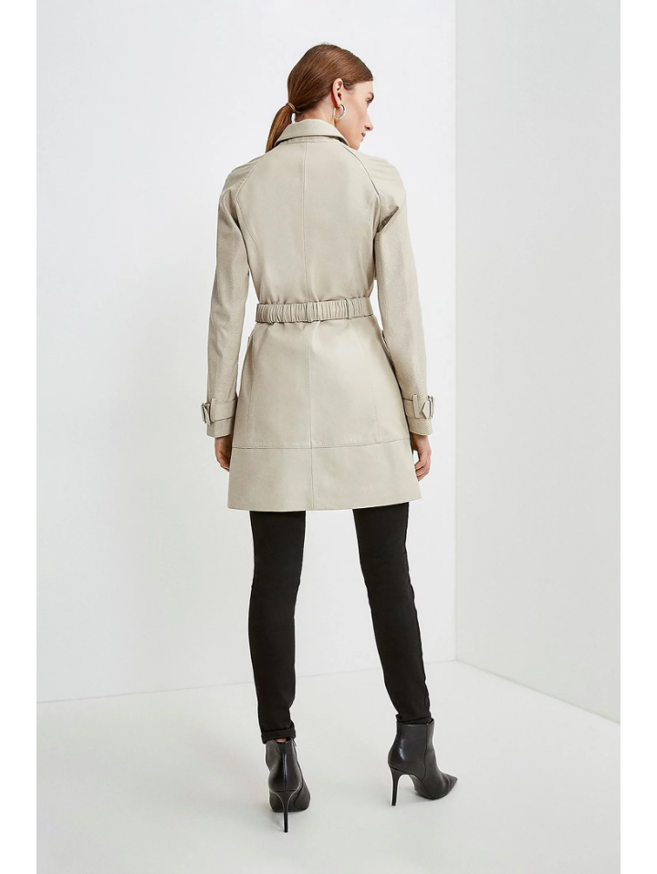 Women’s Beige Sheepskin Leather Perforated Trucker Coat