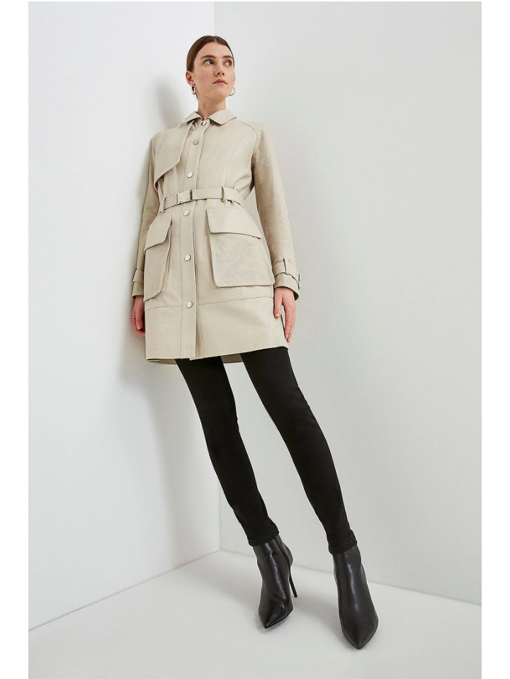 Women’s Beige Sheepskin Leather Perforated Trucker Coat